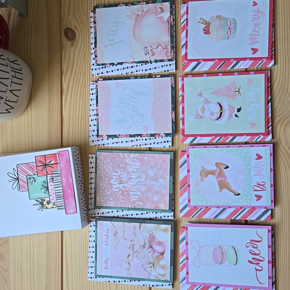 Handmade Mini Pink Christmas Cards & Envelopes Boxed Set of 8